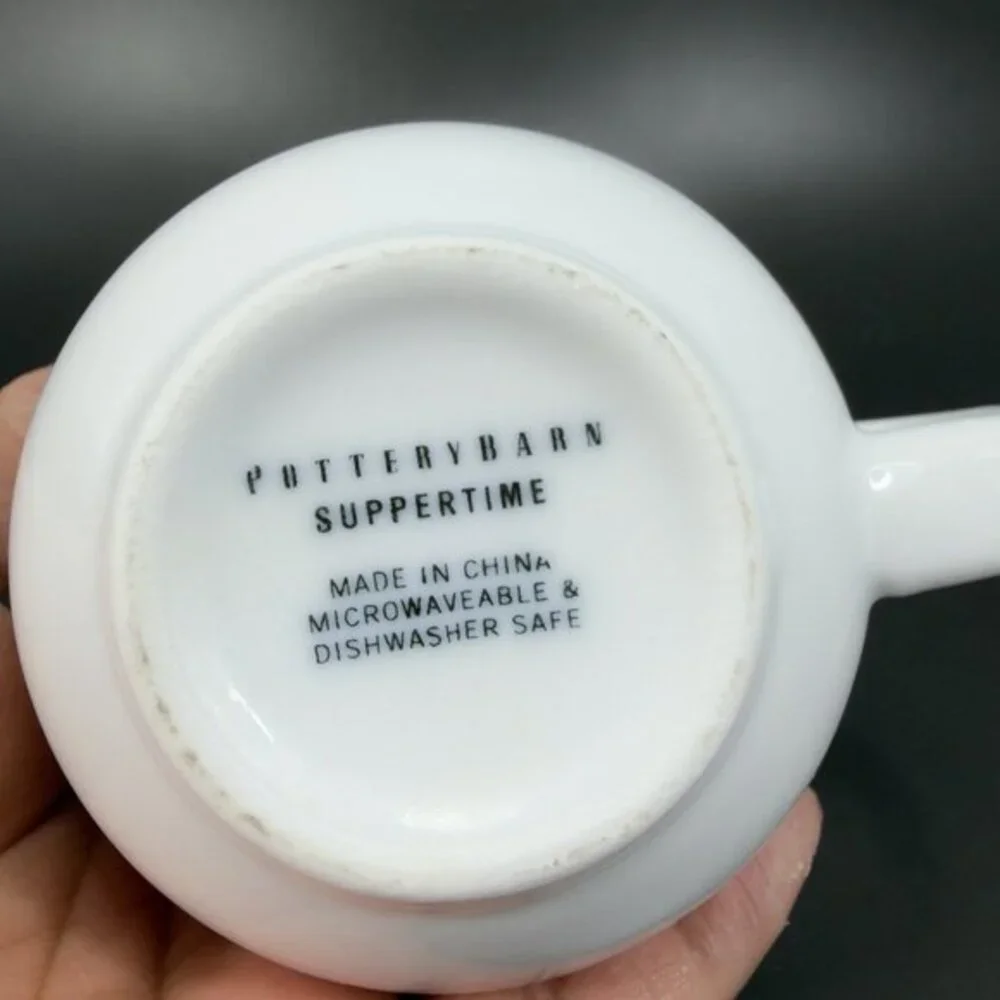 Pottery Barn White Porcelain‎ Ceramic Coffee Mug Cup Set 2 SUPPERTIME Mugs Cups